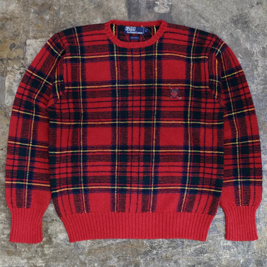 POLO RALPH LAUREN GOLF CHECK HAND KNIT SWEATER RED