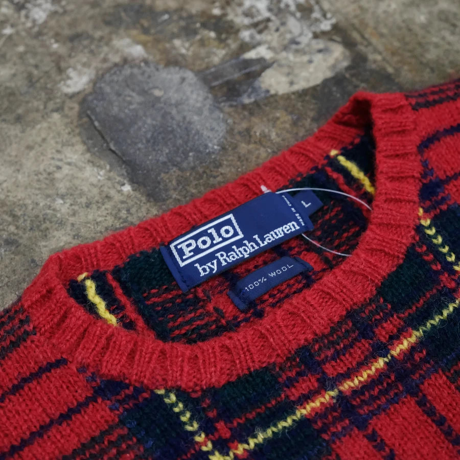 POLO RALPH LAUREN GOLF CHECK HAND KNIT SWEATER RED