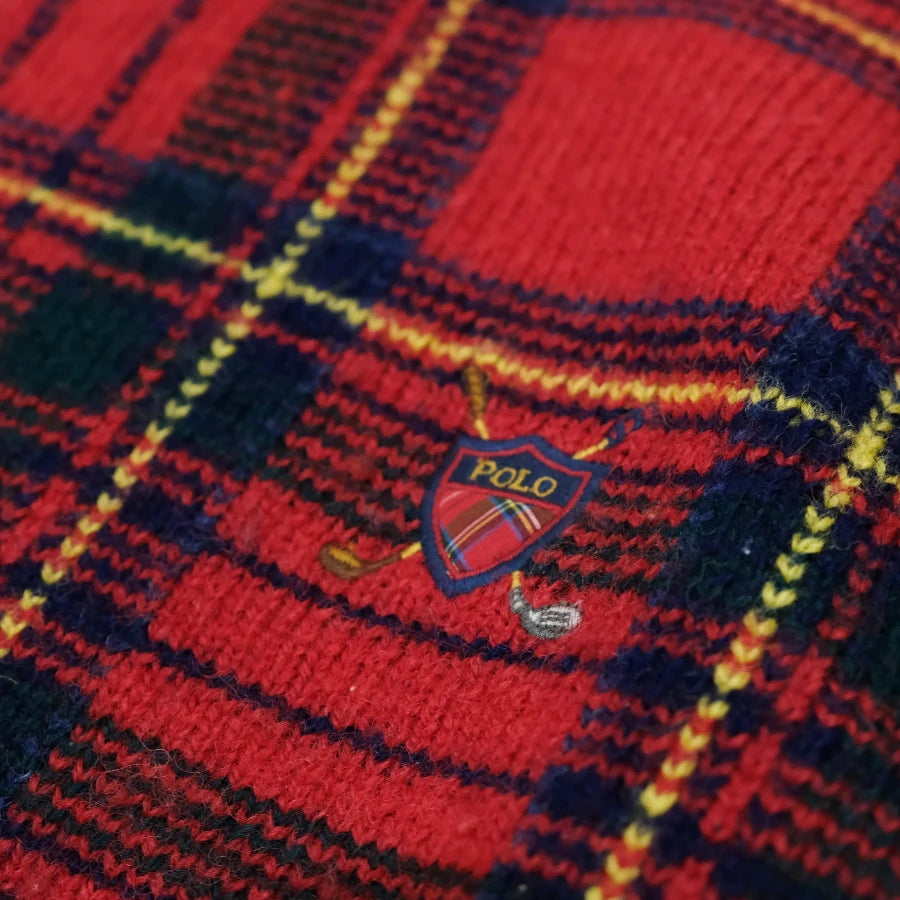 POLO RALPH LAUREN GOLF CHECK HAND KNIT SWEATER RED