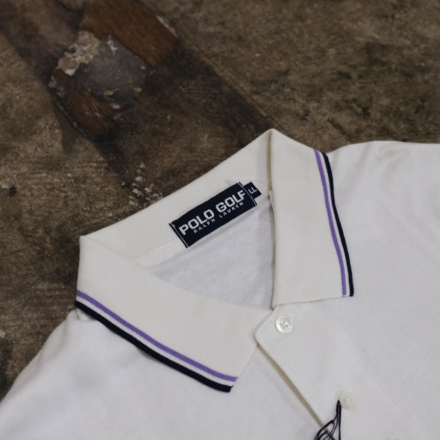 POLO GOLF RALPH LAUREN TWO TONE LONG SLEEVE POLO SHIRT IVORY NAVY
