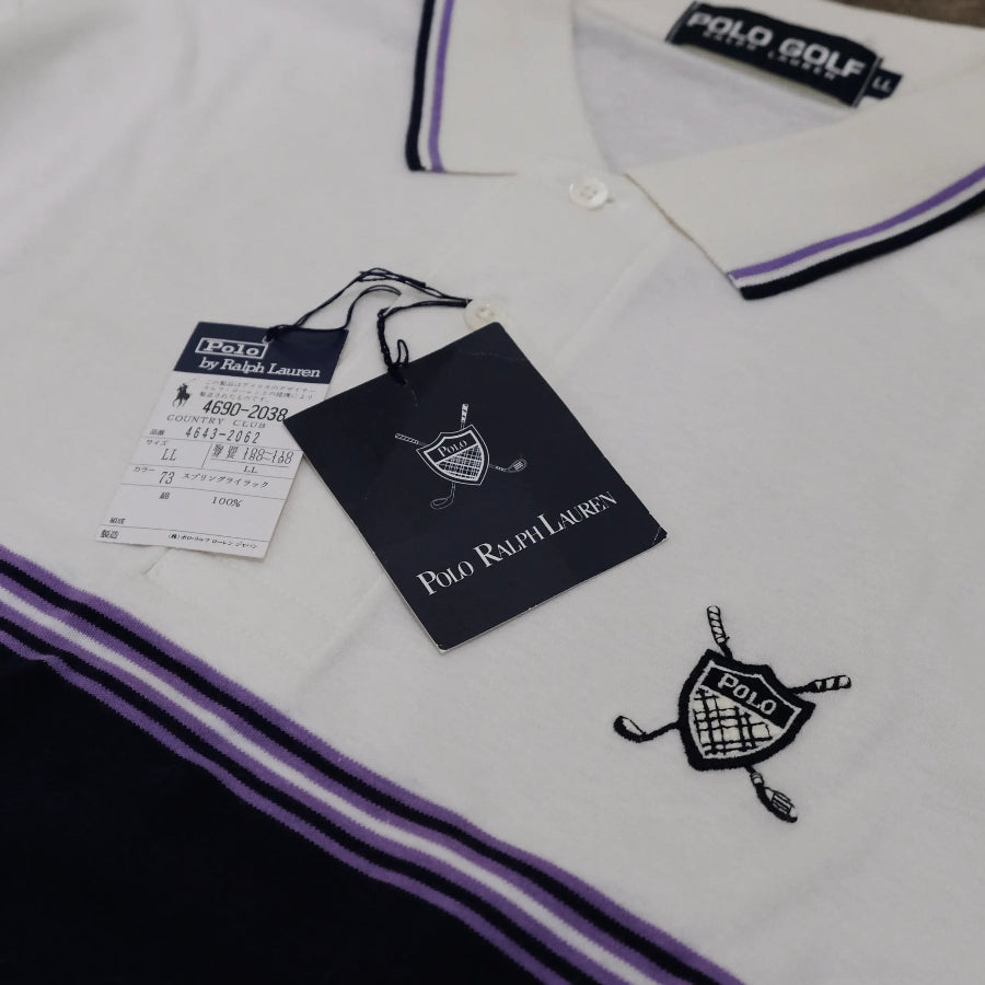 POLO GOLF RALPH LAUREN TWO TONE LONG SLEEVE POLO SHIRT IVORY NAVY