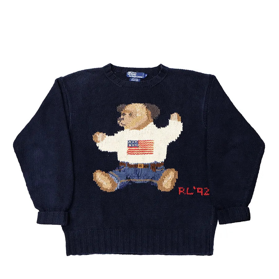 VINTAGE POLO RALPH LAUREN SIT DOWN BEAR HAND KNIT SWEATER RL 92 NAVY