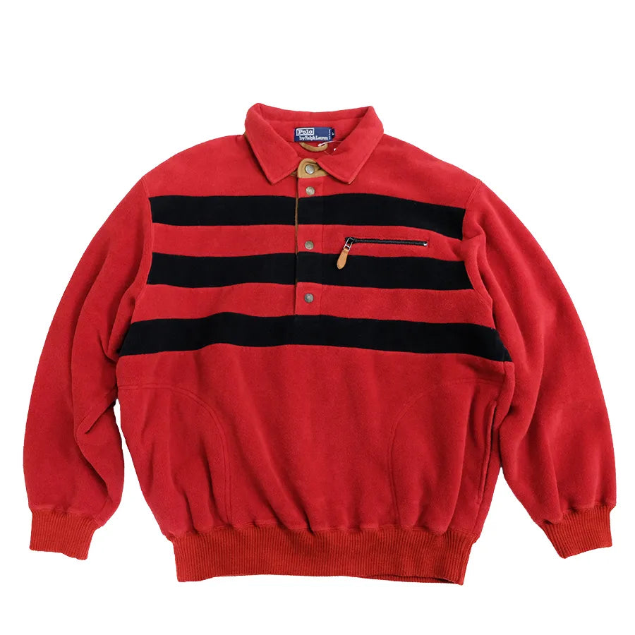 VINTAGE POLO RALPH LAUREN BOARDER BUTTON PULLOVER FLEECE RED