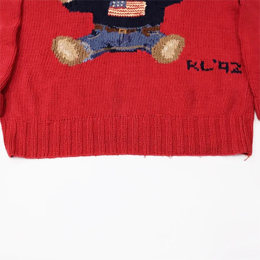VINTAGE POLO RALPH LAUREN SIT DOWN BEAR HAND KNIT SWEATER RL 92 RED