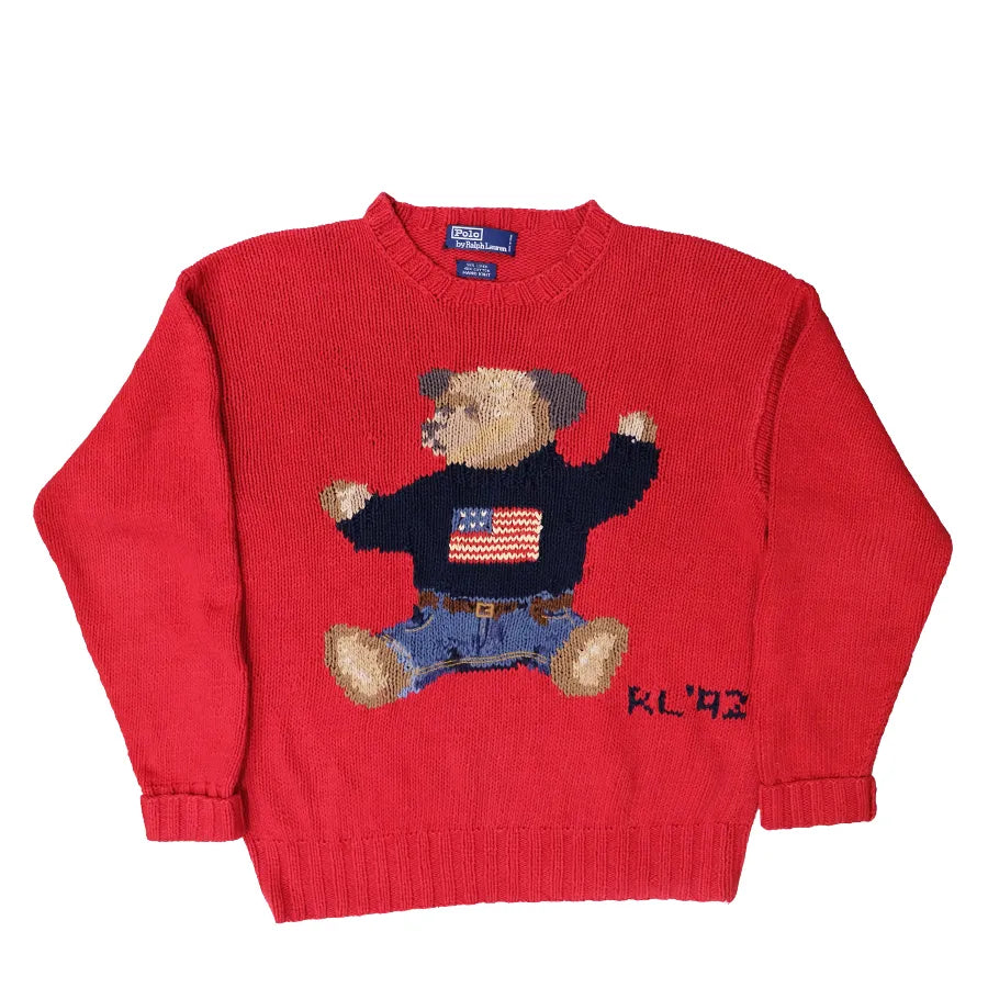 VINTAGE POLO RALPH LAUREN SIT DOWN BEAR HAND KNIT SWEATER RL 92 RED