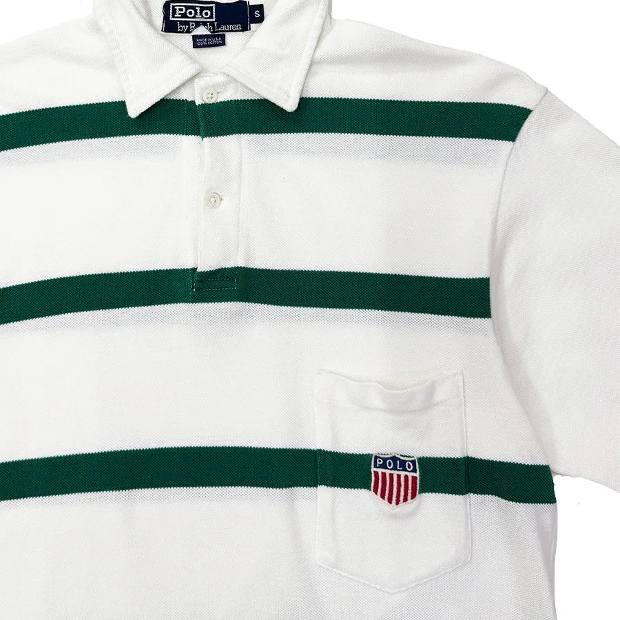 VINTAGE POLO RALPH LAUREN K SWISS SHIELD USA STRIPED SHIRT WHITE GREEN