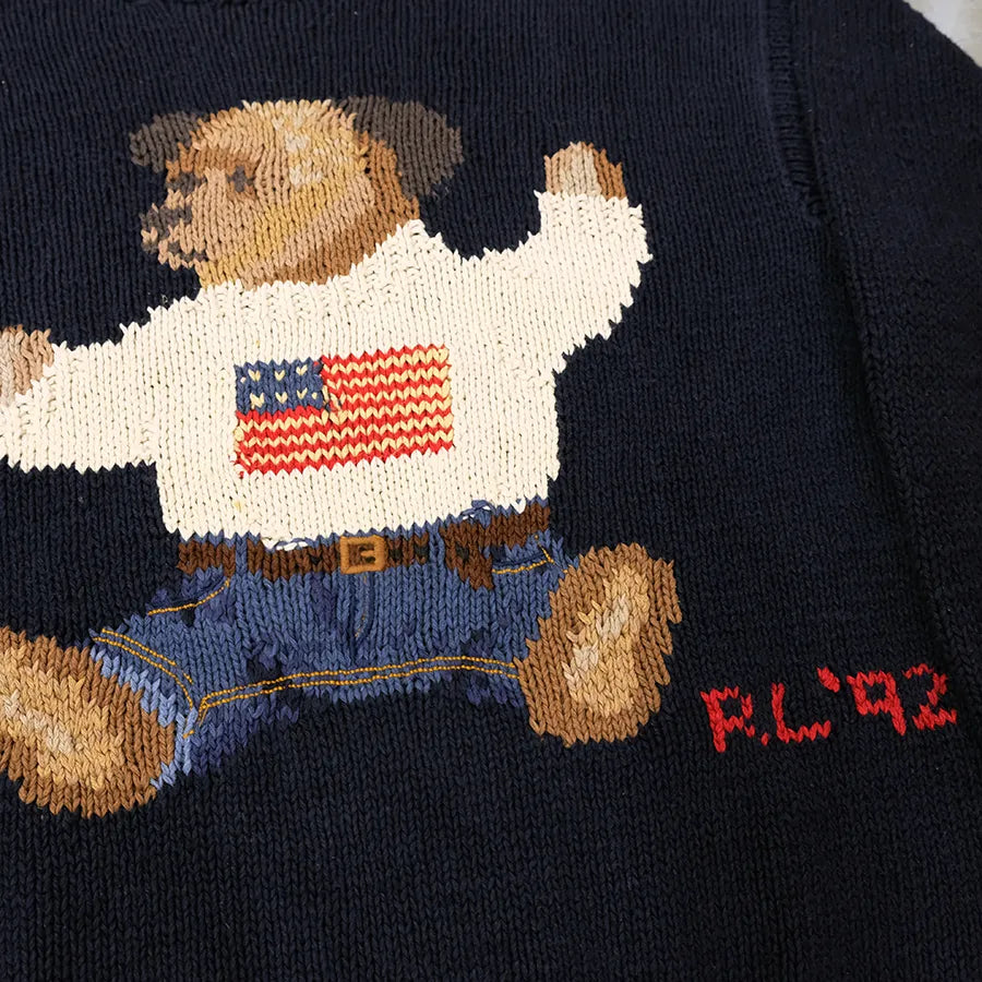 VINTAGE POLO RALPH LAUREN SIT DOWN BEAR HAND KNIT SWEATER RL 92 NAVY