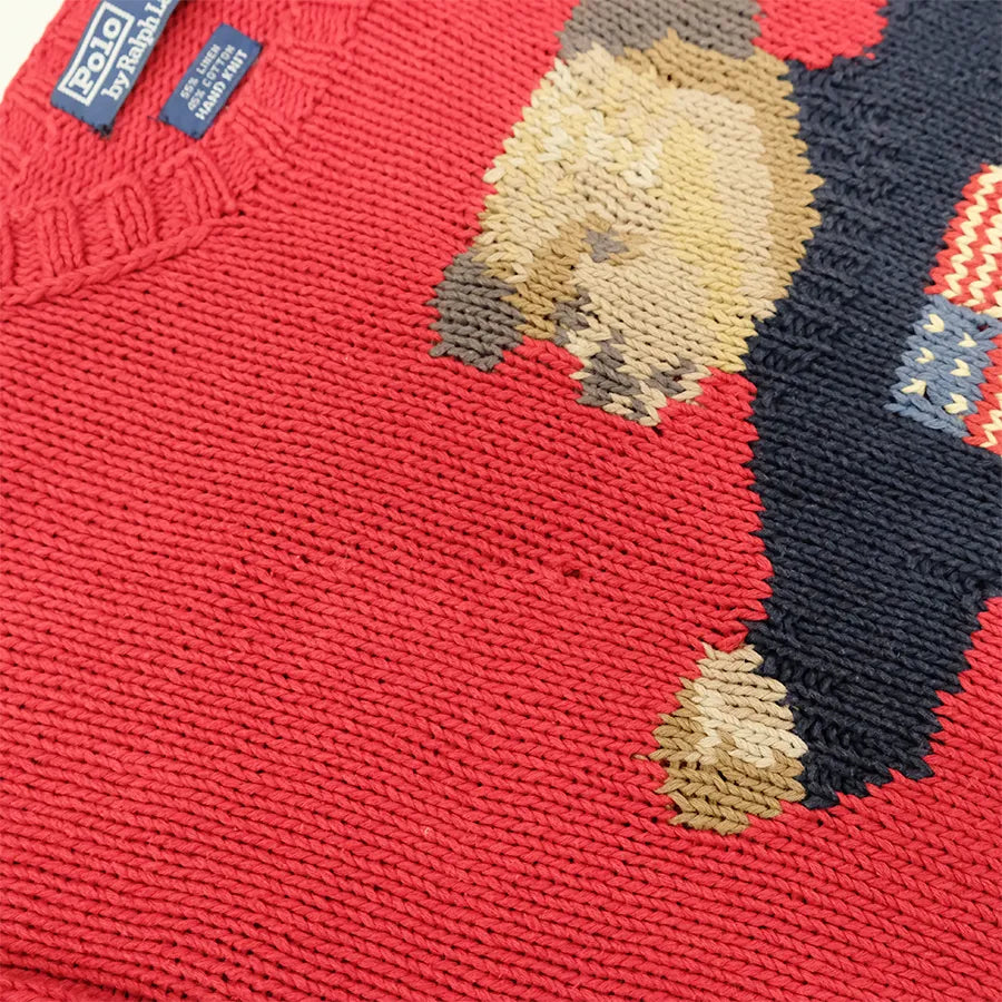 VINTAGE POLO RALPH LAUREN SIT DOWN BEAR HAND KNIT SWEATER RL 92 RED
