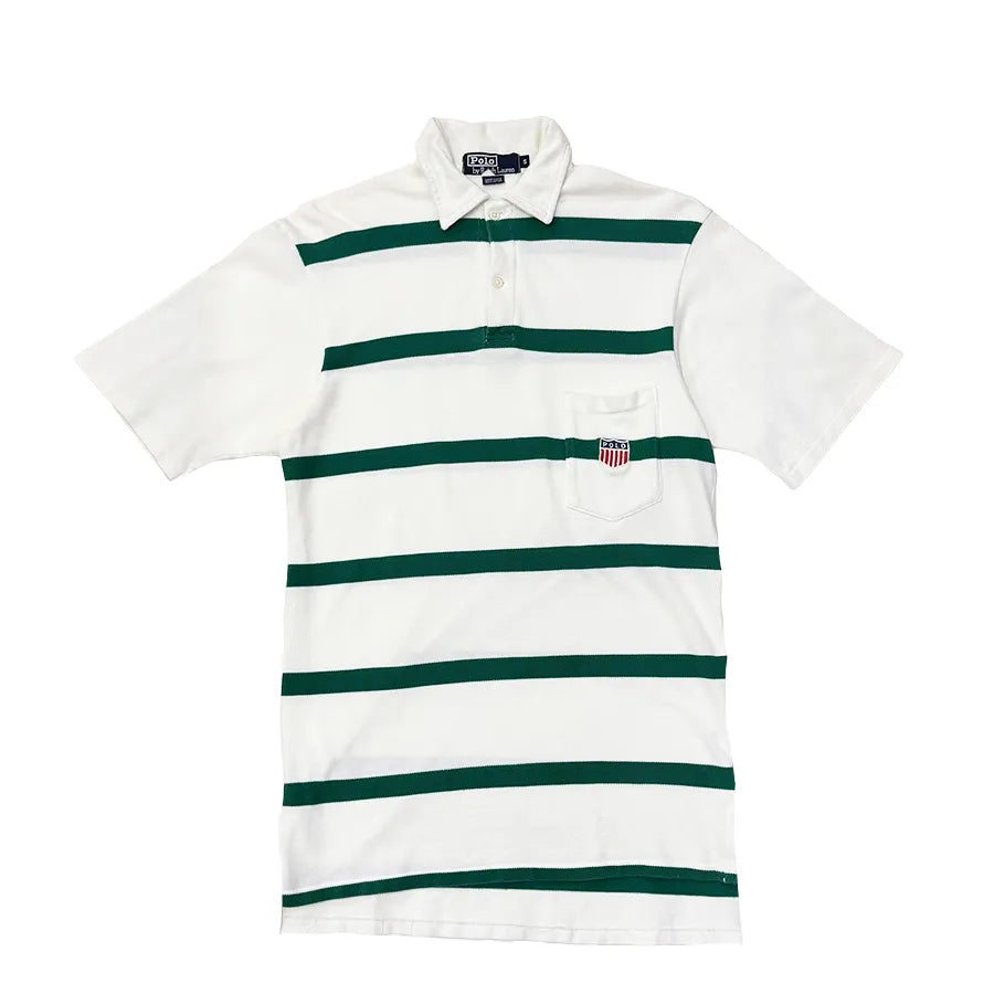 VINTAGE POLO RALPH LAUREN K SWISS SHIELD USA STRIPED SHIRT WHITE GREEN