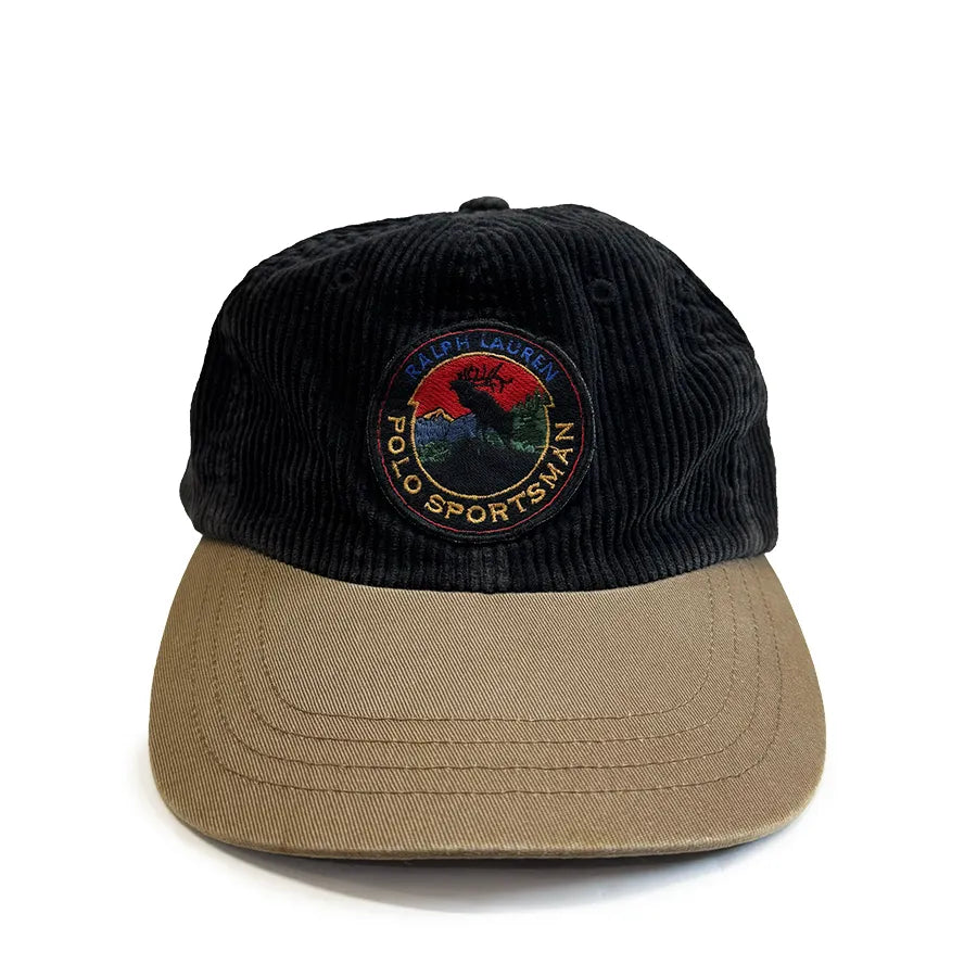 VINTAGE POLO SPORT RALPH LAUREN SPORTSMAN CORDUROY HAT BLACK BEIGE
